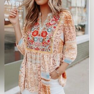 Bohemian Floral Embroidery Top Blouse